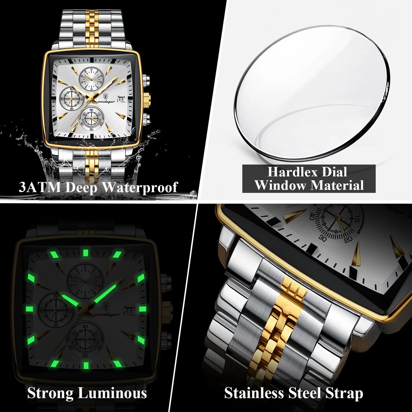 “Luxury waterproof square sport men’s watch with luminous chronograph, quartz, stainless steel.”