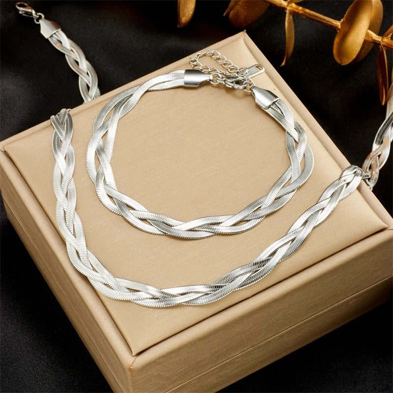 “316L Stainless Steel 3-in-1 Snake Chain Necklace & Bracelet Set - Waterproof Jewelry.”