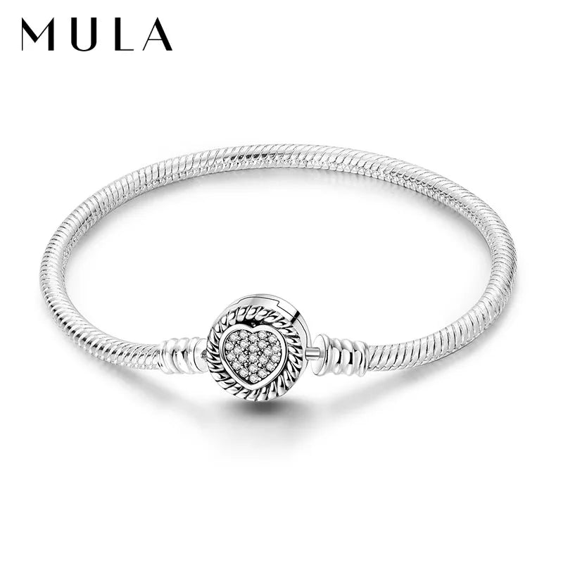 “MULA silver plated heart clasp snake chain bracelet, fits original charms, perfect gift.”