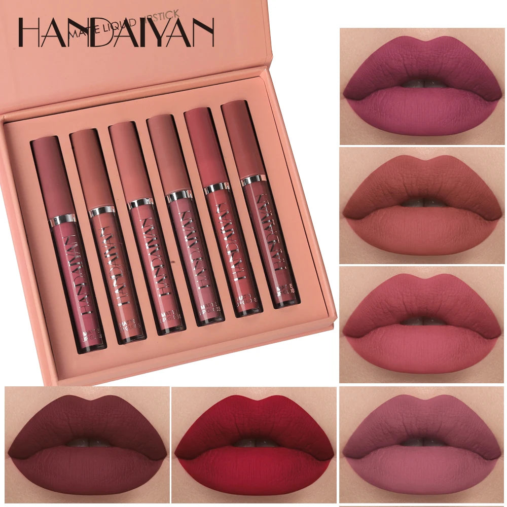 “Set of 6 long-lasting, non-stick, fade-resistant matte lipsticks.”