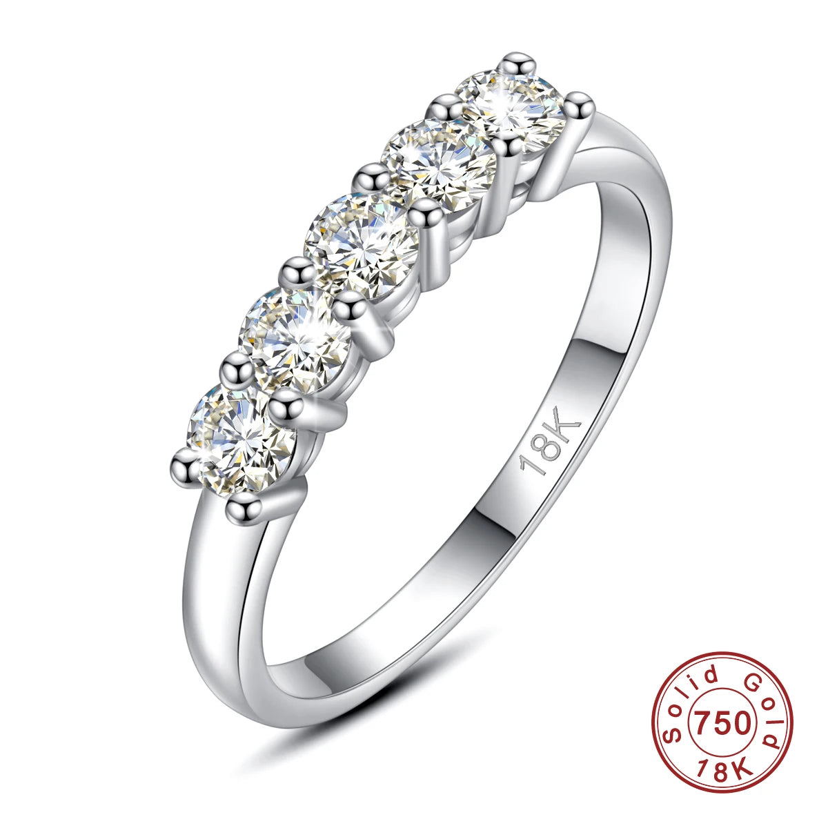 “Original 18K gold moissanite ring, 5 stones, stamped luxury engagement jewelry.”