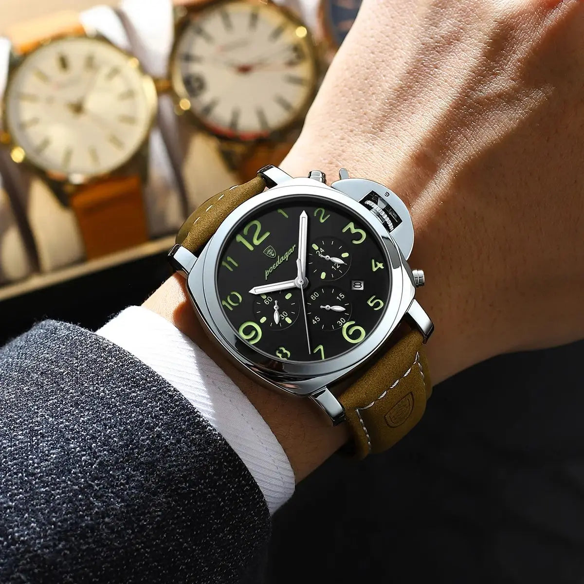 “Luxury military men’s watch, waterproof, luminous, leather strap, quartz, high quality.”