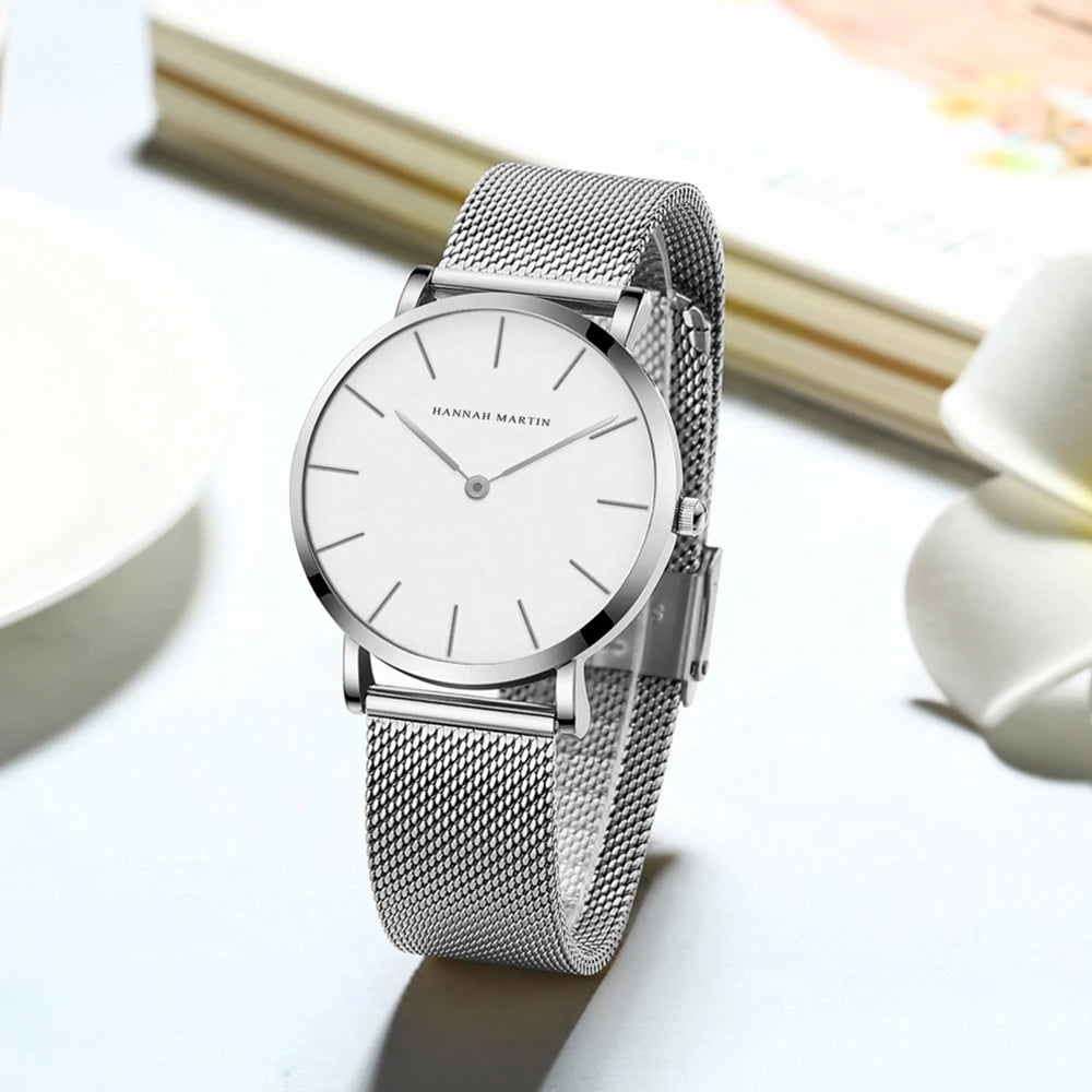 “Rose gold women’s bracelet watch, stainless steel mesh, simple, Japanese quartz.”