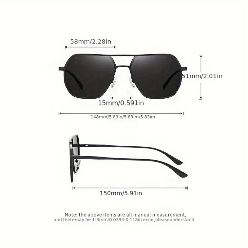 “Square polarized photochromic glasses with metal frame, ideal for driving.”