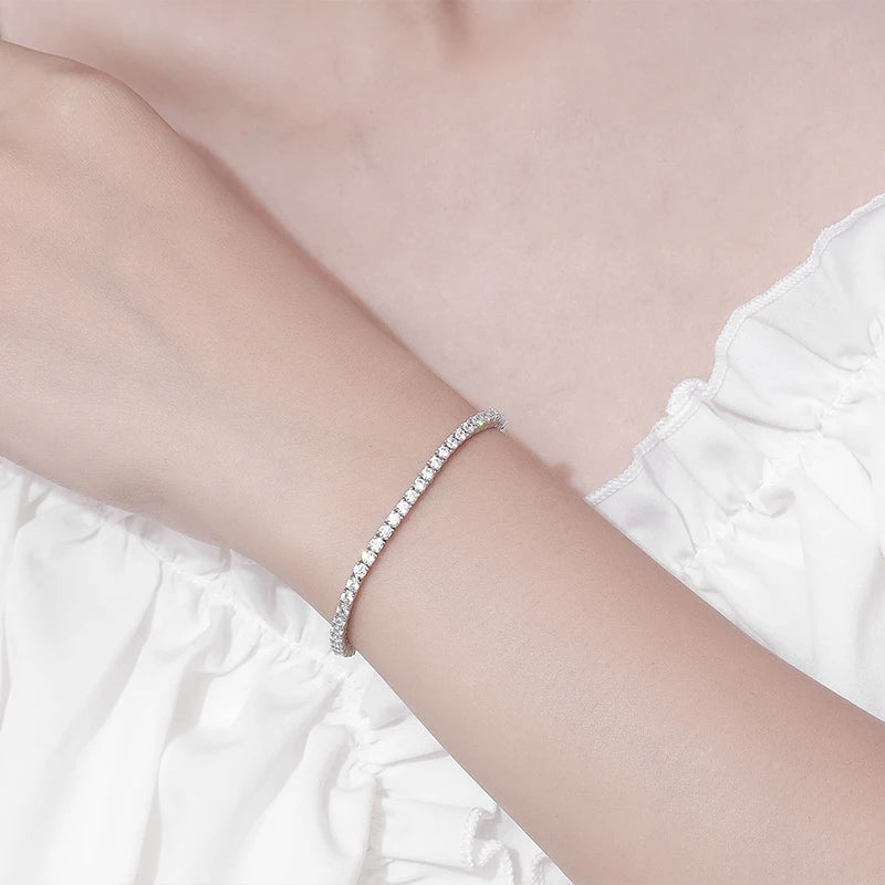 “Moissanite Tennis Bracelet, Sterling Silver, White Gold Plated, Sparkling Party Jewelry.”