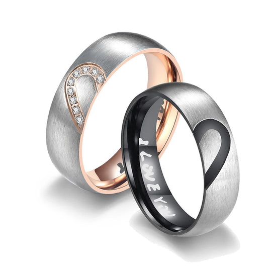 “Rose Gold Black Heart Couple Rings Stainless Steel Love Promise Rings for Couples.”