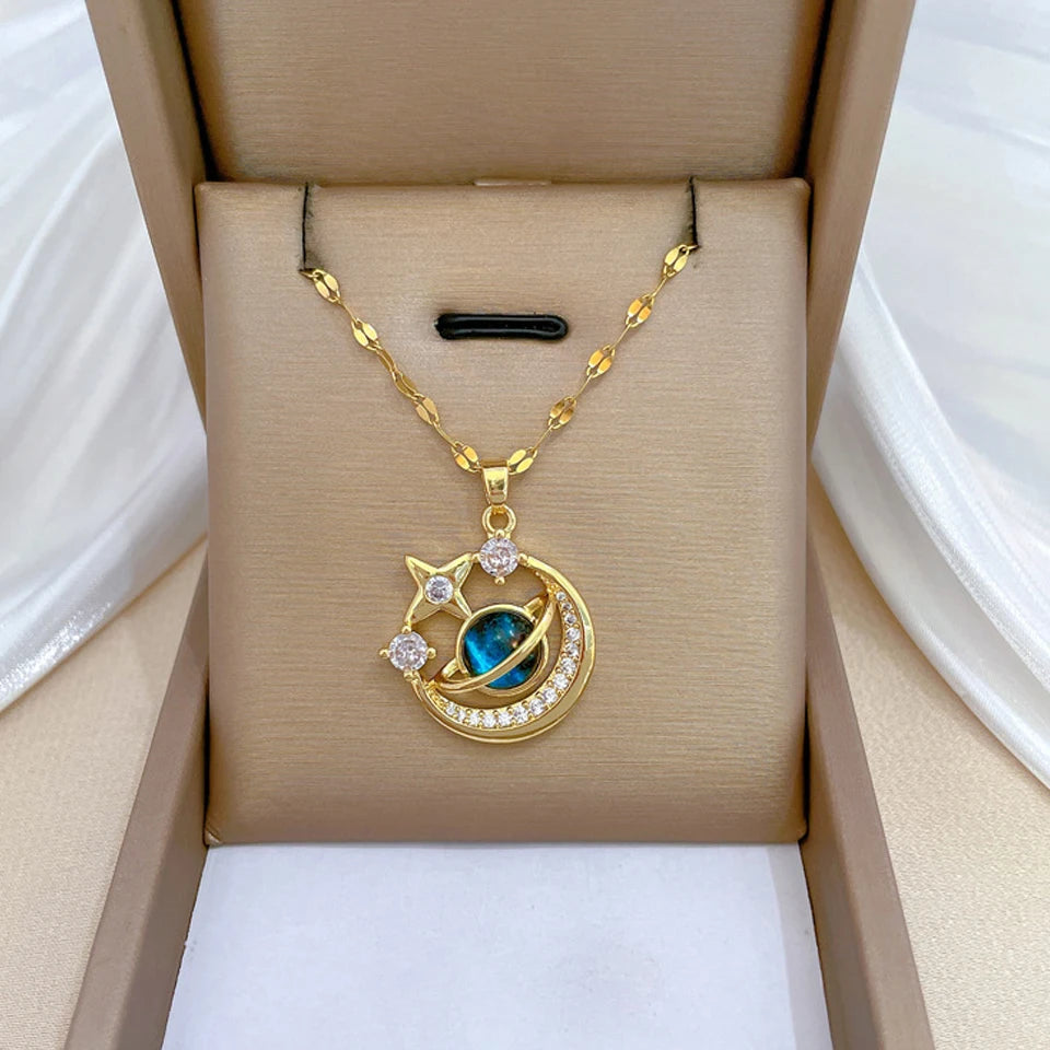 “Luxury gold titanium steel necklace with planet, moon, astronaut pendants.”