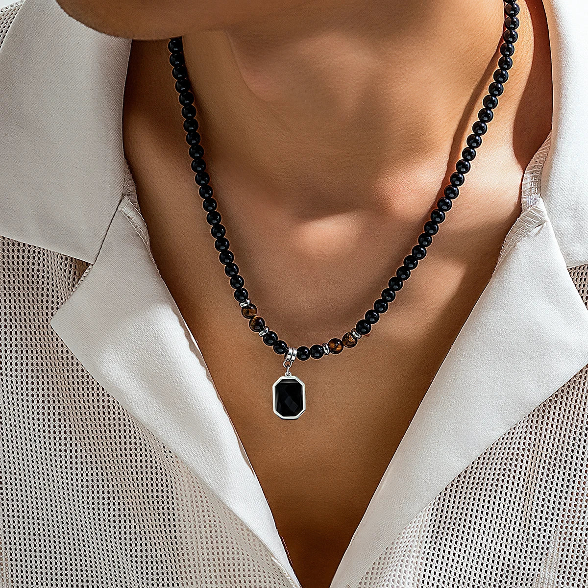 “Black Beads with Square Pendant Necklace for Men - Trendy Fashion Jewelry.”