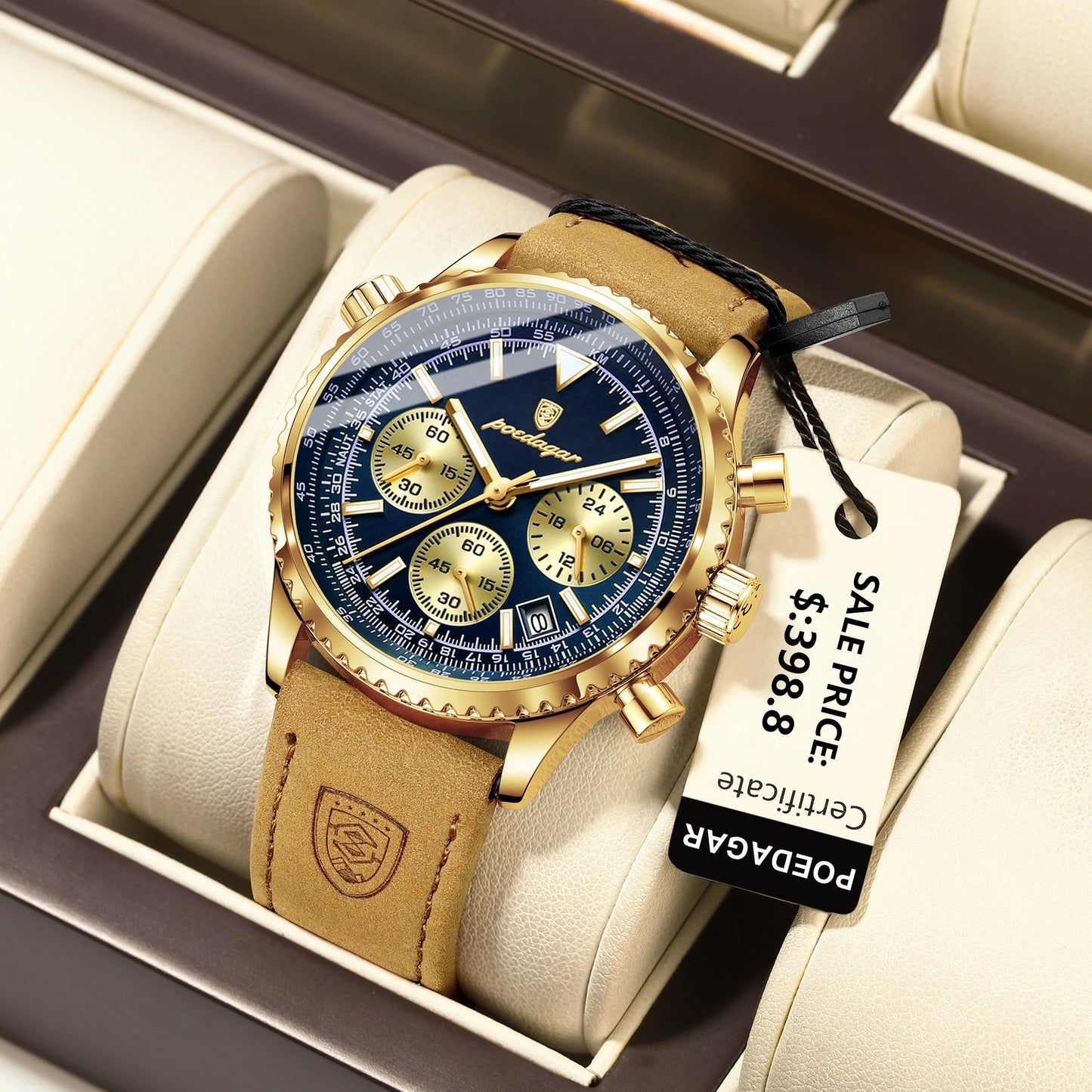 “Luxury waterproof quartz men’s watch with luminous date chronograph.”