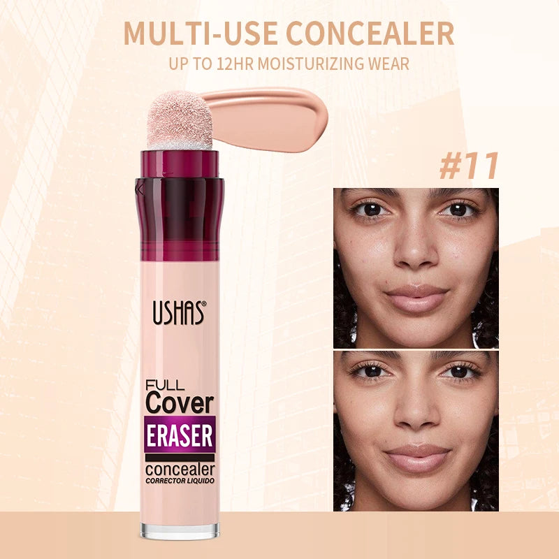 “Liquid concealer with sponge applicator, lightweight, moisturizing, multi-use, and long-lasting coverage.”