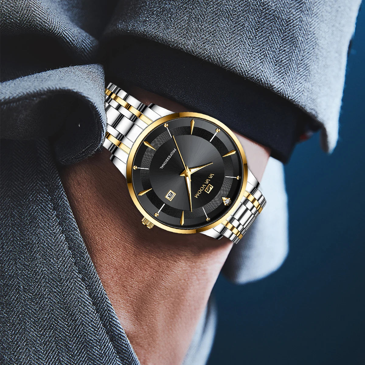 “Men’s Stainless Steel Luxury Watch, Blue-Gold Quartz, Business Style, 43mm.”