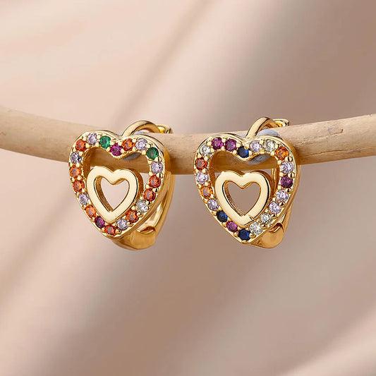 “Hollow zircon heart earrings, gold color stainless steel, luxury wedding gift .”