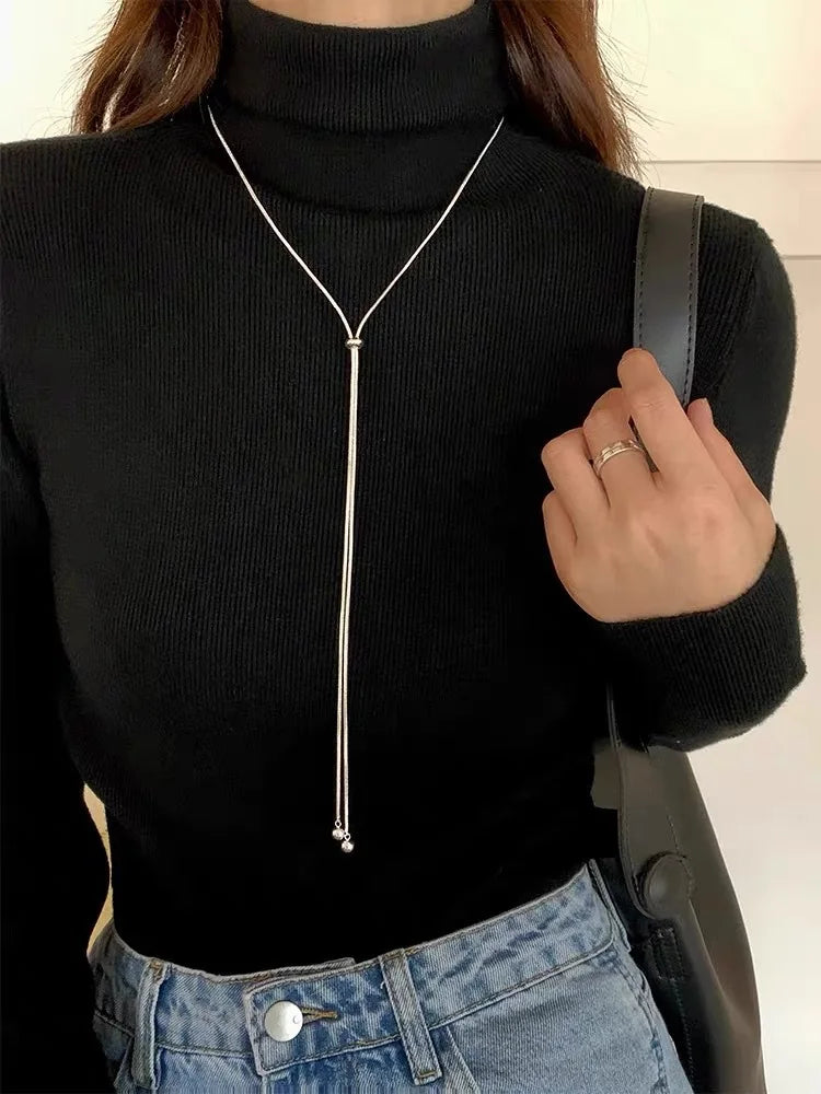 “Simple Long Tassel Necklace – Titanium Steel Sweater Chain Design”