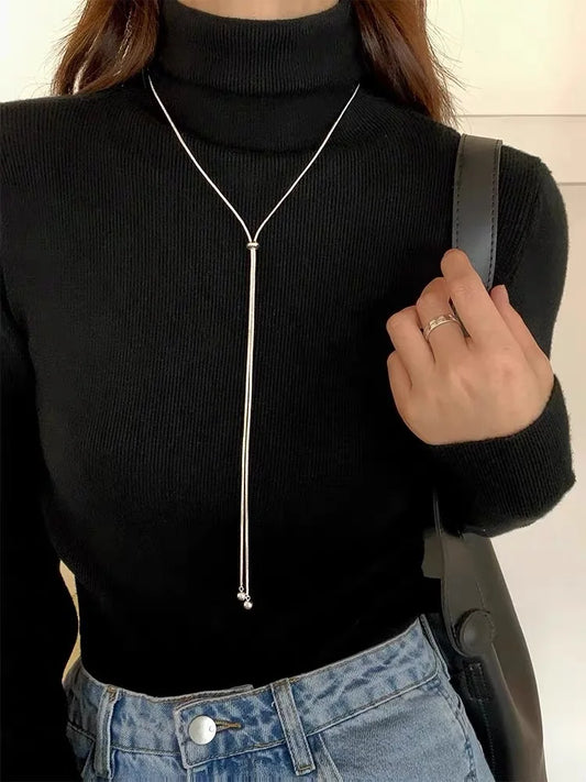 “Simple Long Tassel Necklace – Titanium Steel Sweater Chain Design” - Dazzory