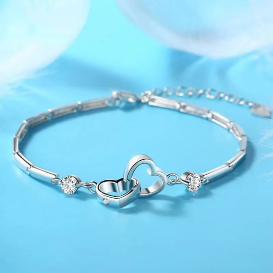 “925 sterling silver double heart bracelet, cubic zirconia, perfect Valentine’s gift.”
