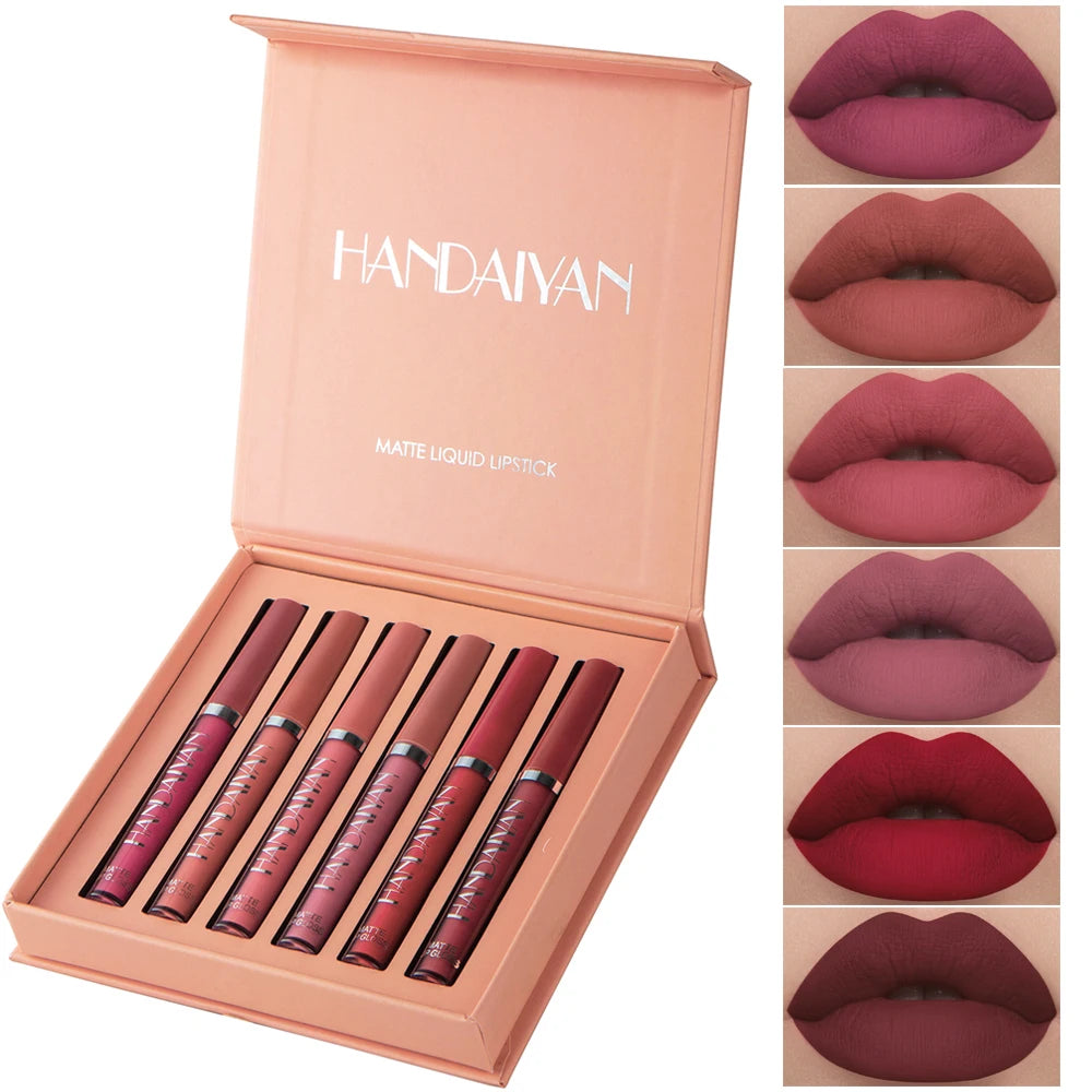 “Set of 6 long-lasting, non-stick, fade-resistant matte lipsticks.”