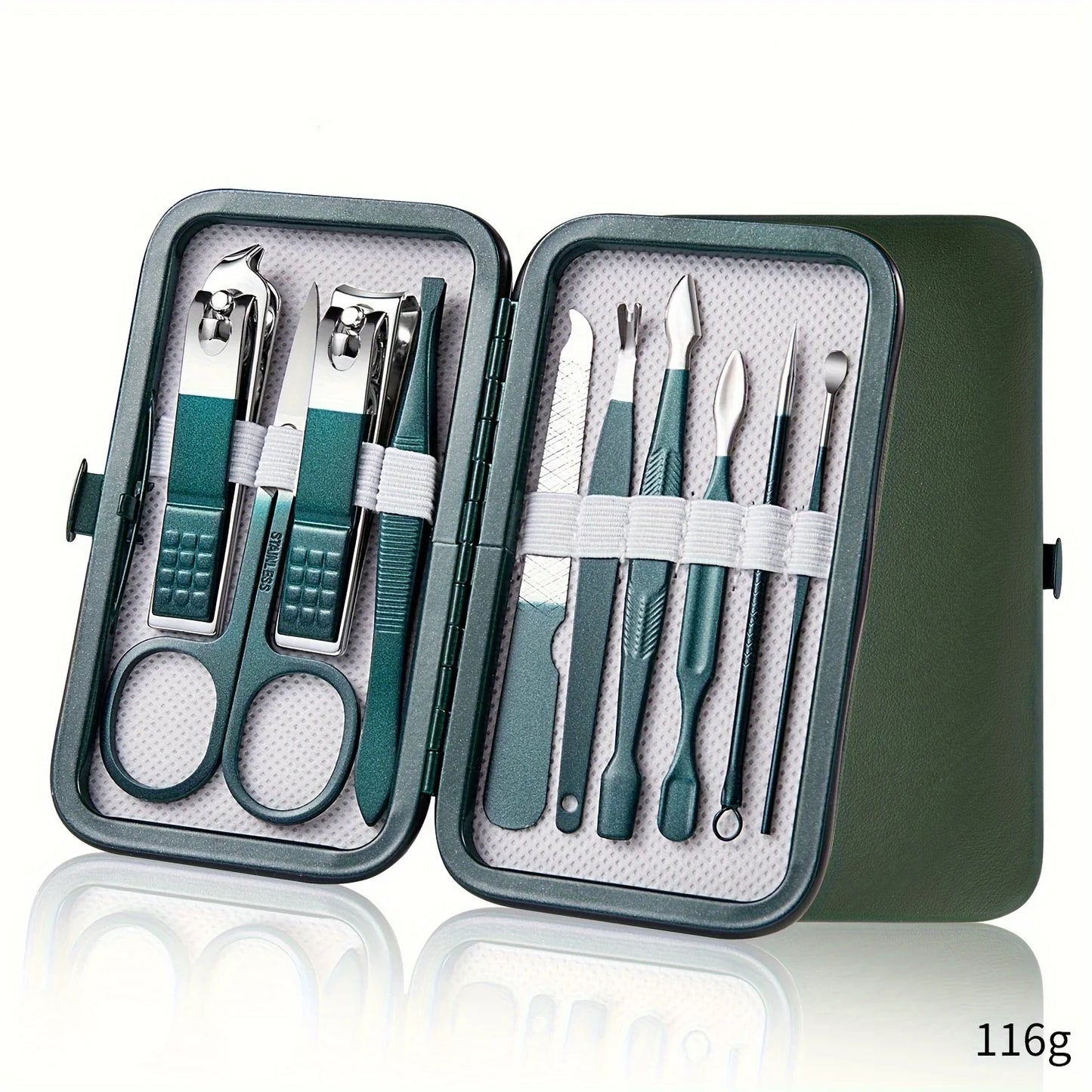 “Professional nail care kit: 7-18 pieces, stainless steel with travel case.”