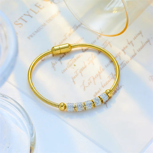 “316L Stainless Steel Gold Rhinestone Beaded Bracelet Women Fashion Magnet Clasp Jewelry”