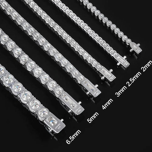 “Moissanite Tennis Bracelet, Sterling Silver, White Gold Plated, Sparkling Party Jewelry.”