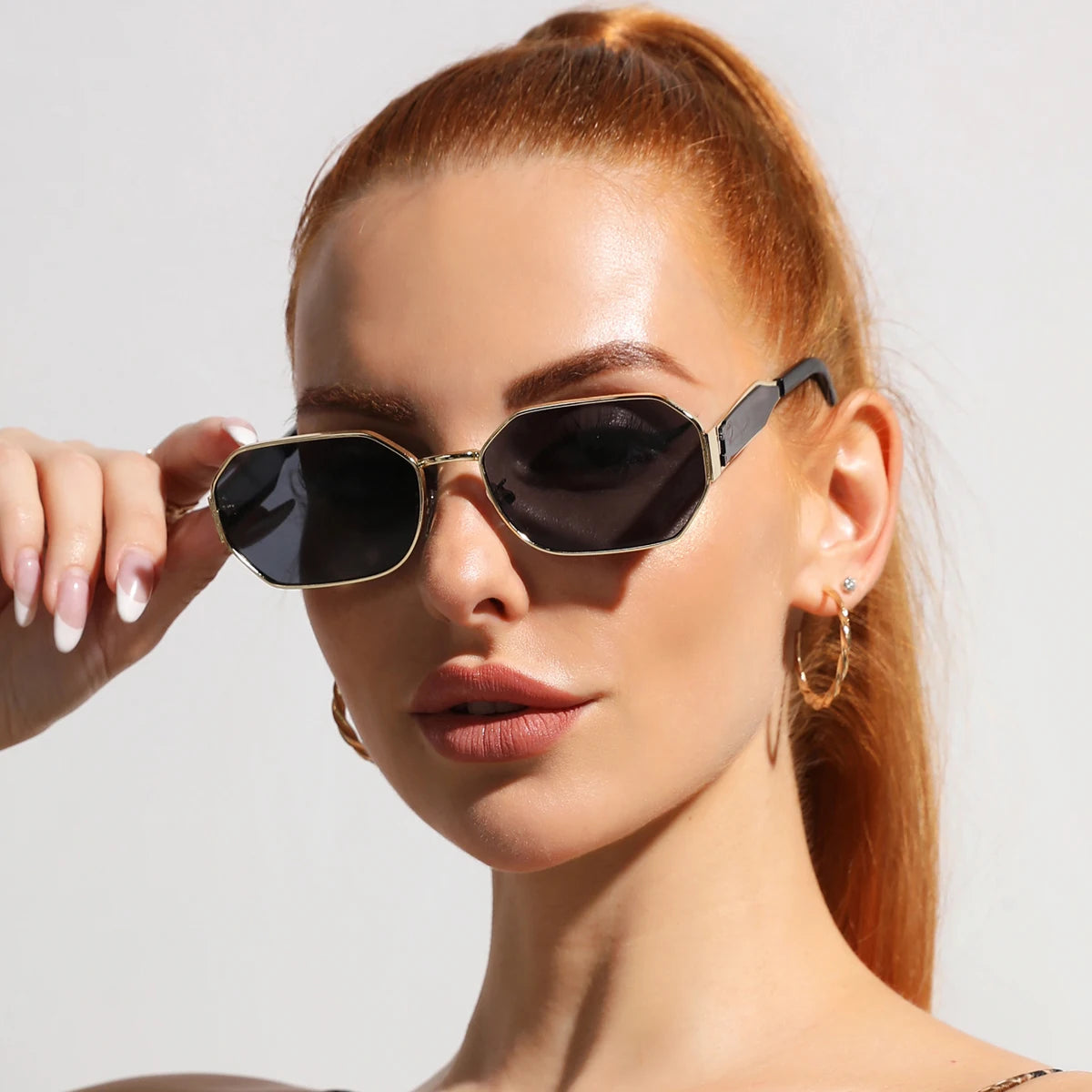 “Vintage rectangle sunglasses, retro metal frame, unisex designer black eyewear.”