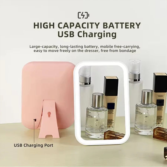 “LED Touch Screen Makeup Mirror, Folding Lighted Mirror, 3 Color Modes, USB Rechargeable”