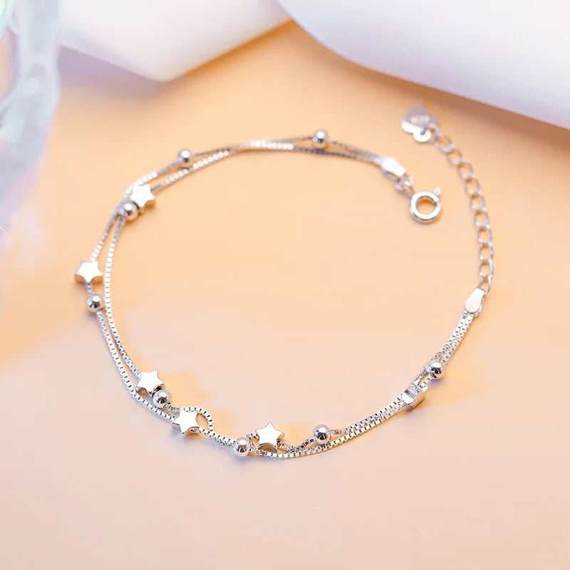 “Luxury 925 sterling silver star beaded double-layer adjustable bracelet for women.”