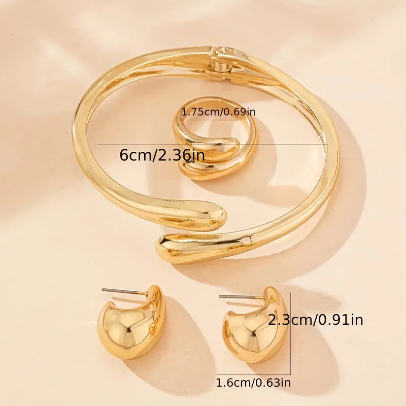 “Punk Water Drop Shaped Bracelet, Ring & Earring Set – Smooth, Versatile Fashion Jewelry for Women”