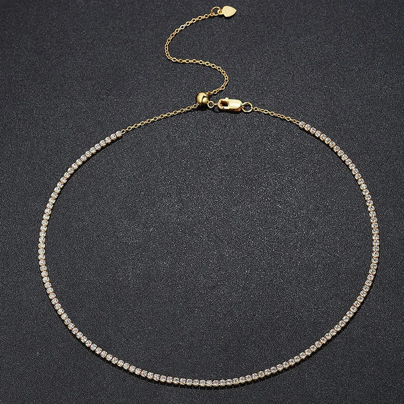 “2mm Moissanite Necklace, Sterling Silver, Gold-Plated, Adjustable Wedding Choker Jewelry.”