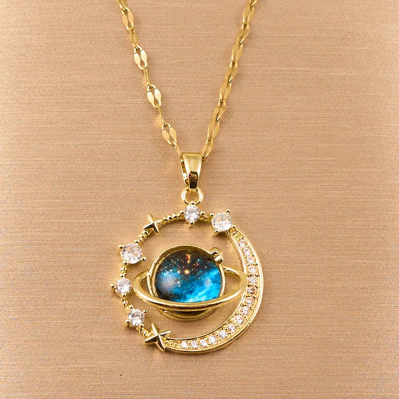 “Exquisite Starry Sky Planet Necklace – Luxurious Stainless Steel Clavicle Chain with Stars & Moon Design”