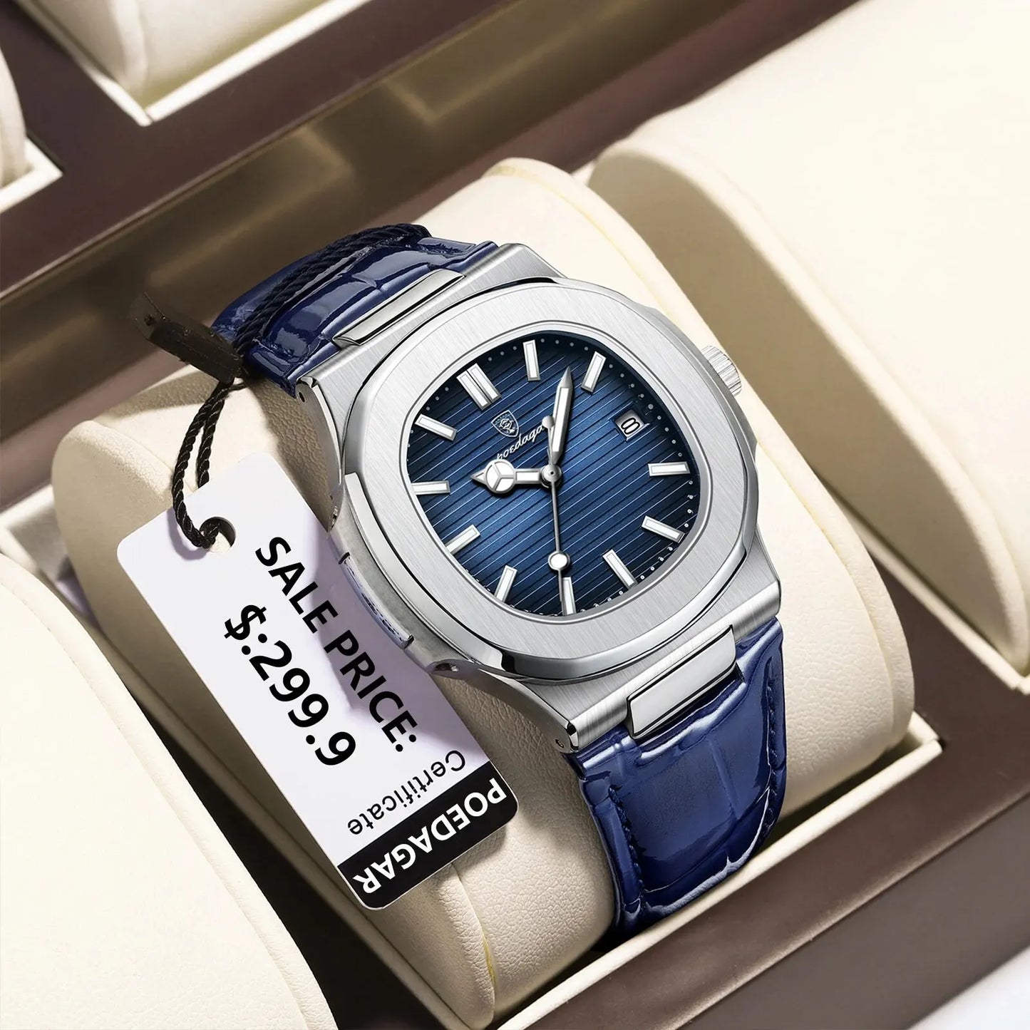 “Top Luxury Square Man Watch Date Waterproof Luminous Men’s Quartz Leather”