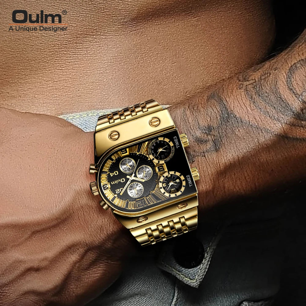“Unique Men’s Square Gold Quartz Watch Sports Multi-Time Zone Waterproof Wristwatch.”