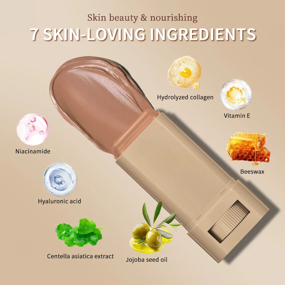 “Smooth Foundation Stick: High Coverage, Skin-Boosting Balm Serum, Travel-Friendly Bronze Tint.”