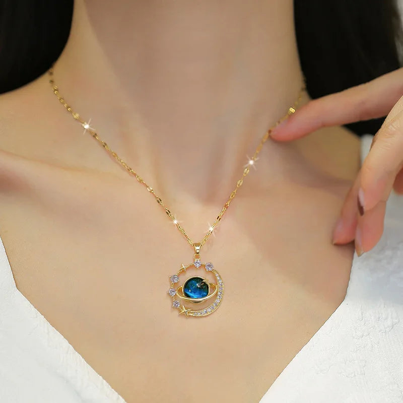 “Exquisite Starry Sky Planet Necklace – Luxurious Stainless Steel Clavicle Chain with Stars & Moon Design”