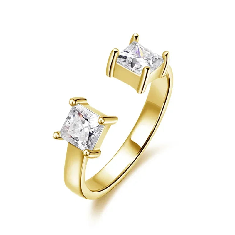 “1CTTW 4.5mm Princess-Cut Moissanite Ring, Adjustable Sterling Silver Wedding Band.”