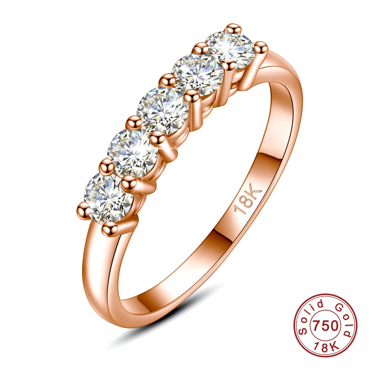 “Original 18K gold moissanite ring, 5 stones, stamped luxury engagement jewelry.”