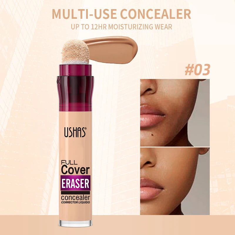 “Liquid concealer with sponge applicator, lightweight, moisturizing, multi-use, and long-lasting coverage.”