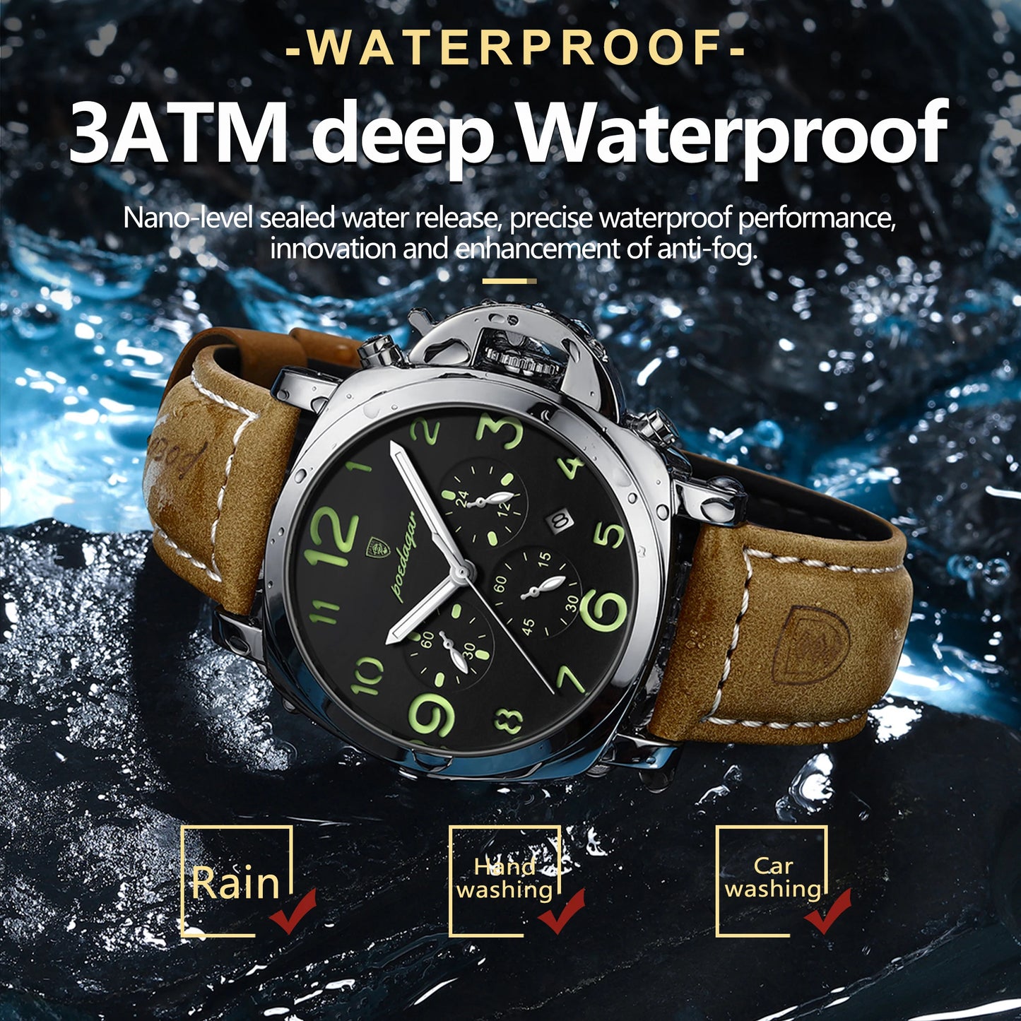 “Luxury military men’s watch, waterproof, luminous, leather strap, quartz, high quality.”
