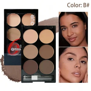 “6-color contour palette: face sculpting, highlight, bronzer with brush.”