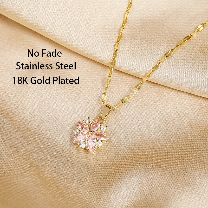 “Romantic Pink Sakura Pendant Necklace, Stainless Steel Clavicle Chain Jewelry”