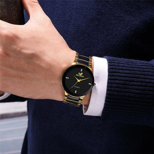 “Stylish men’s quartz watch, black steel band, perfect for business attire.”