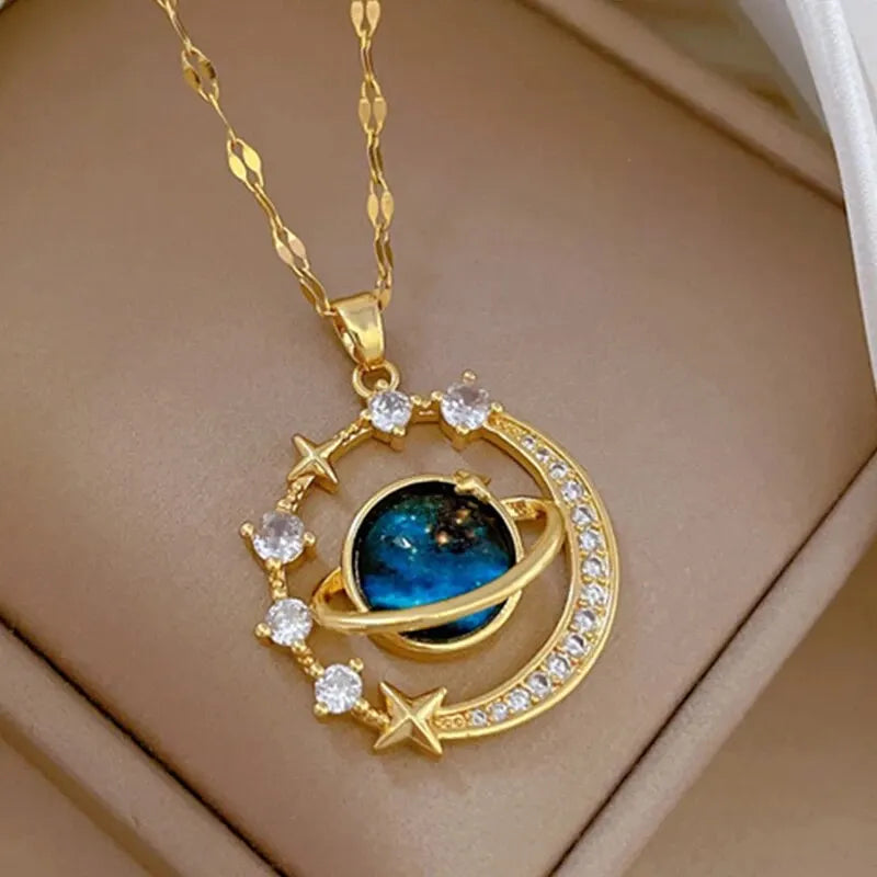 “Luxury gold titanium steel necklace with planet, moon, astronaut pendants.”