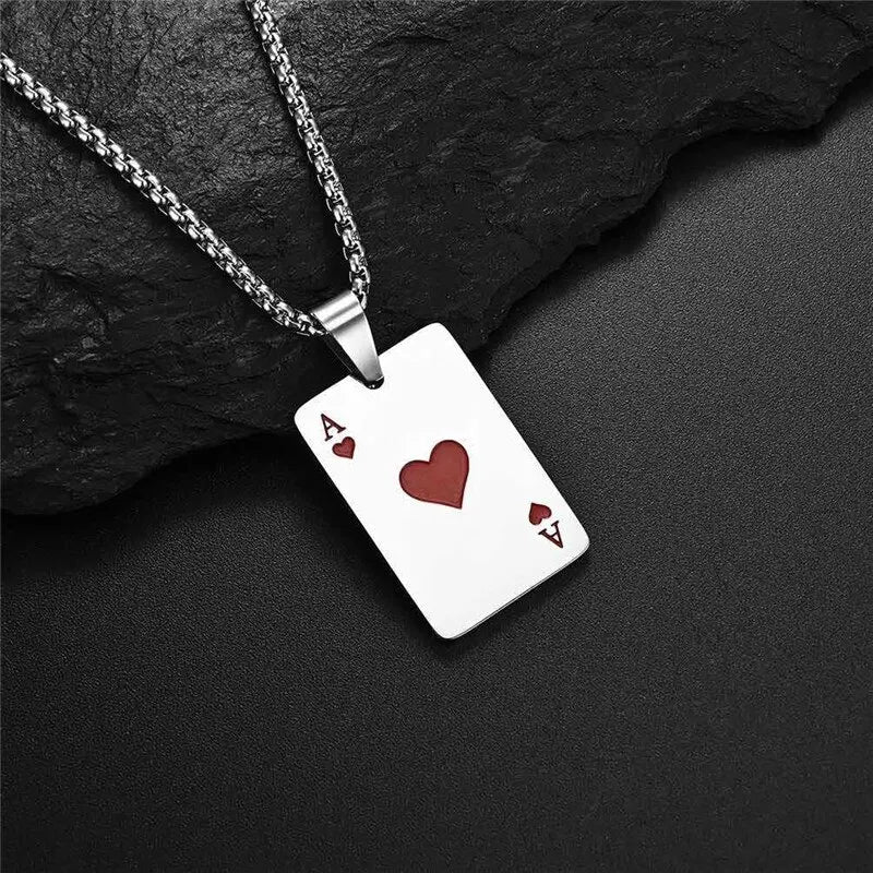 “2Piece Hip Hop Stainless Steel Poker Card Ace of Spades Necklace - Unisex Jewelry.”