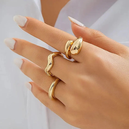“3Pcs Geometric Wave Shaped Ring Set – Trendy, Irregular, Adjustable Open Rings for Women” - Dazzory