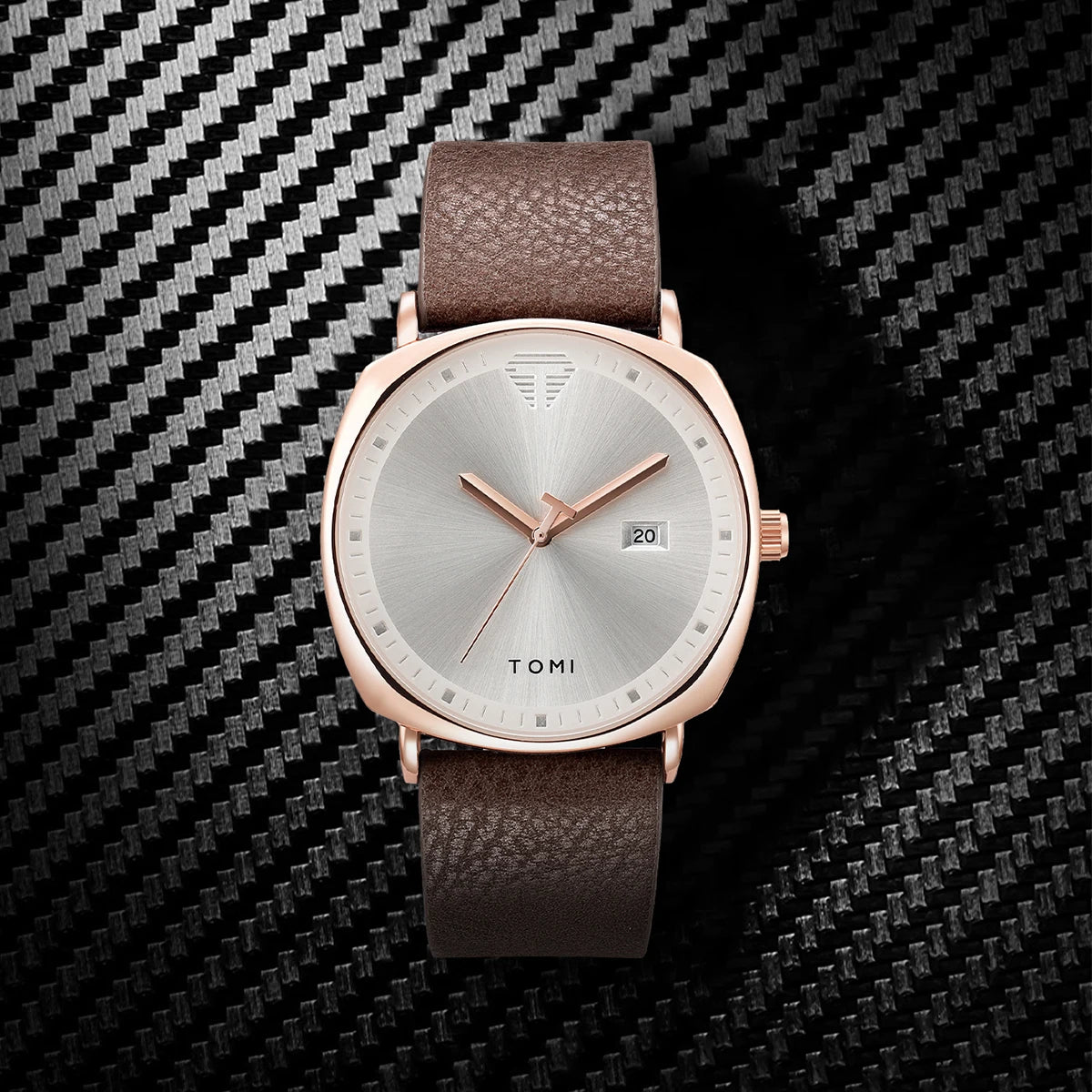 “Minimalist men’s sports watch with calendar, leather strap, casual quartz movement.”