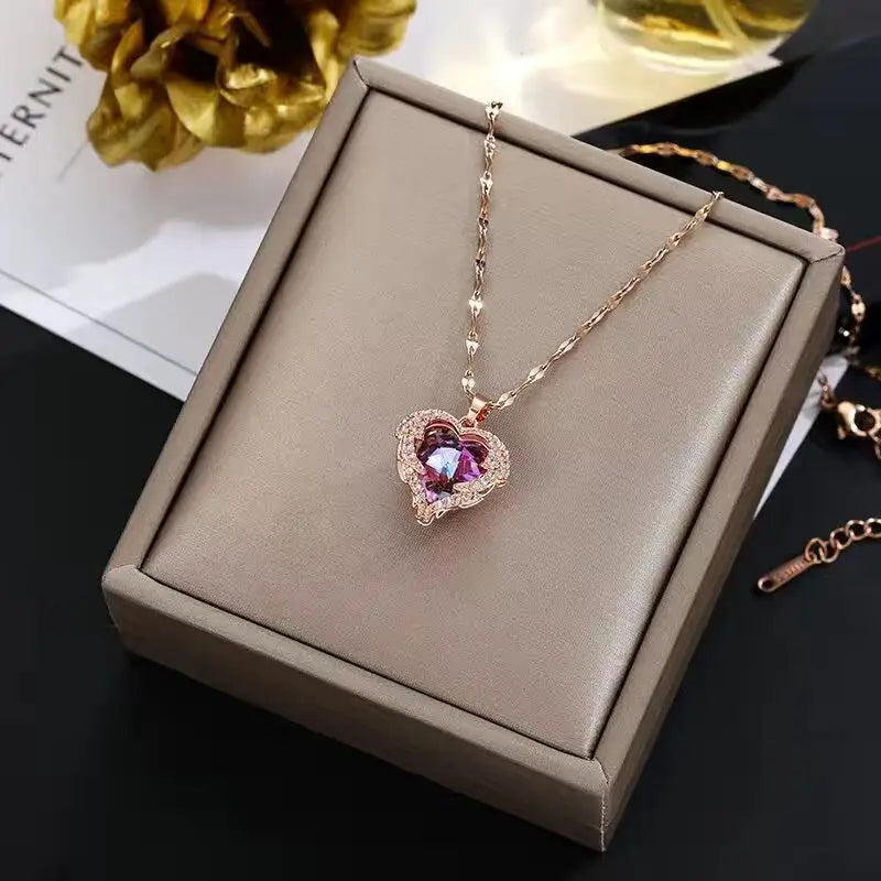 “Top Luxury Colorful Crystal Ocean Heart Pendant Necklace - 316L Stainless Steel Jewelry.”