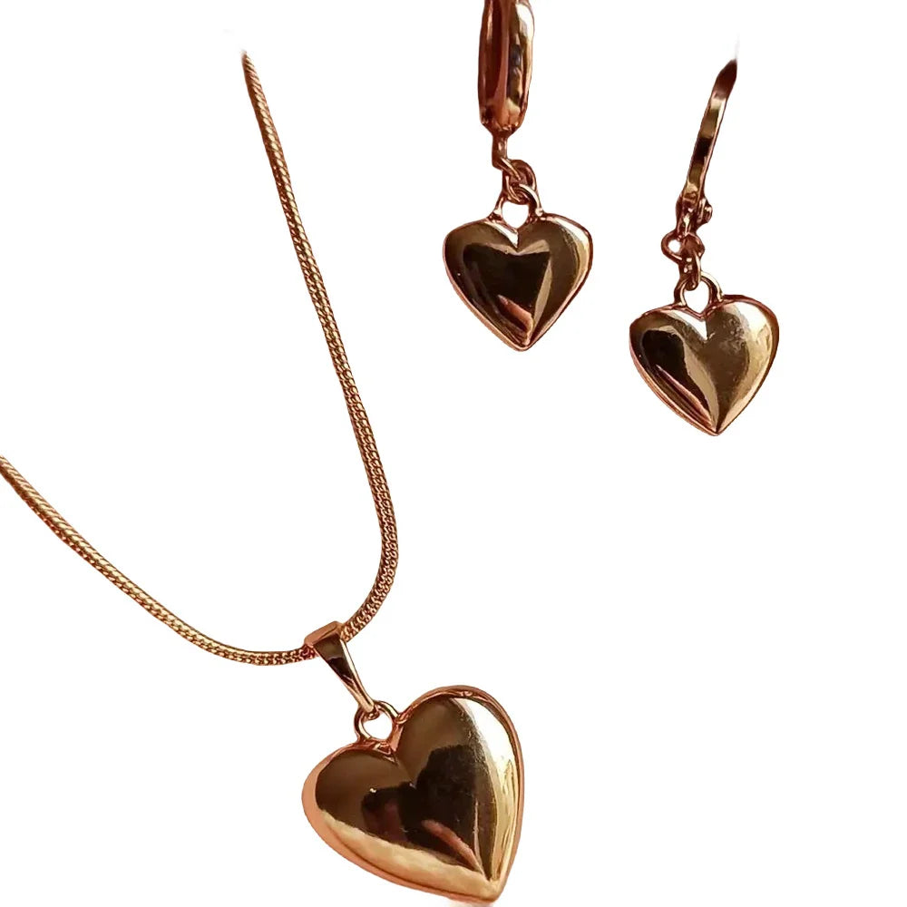 “Glossy Gold-Plated Love Heart Earrings & Necklace Set - Simple Dainty Jewelry for Women.”