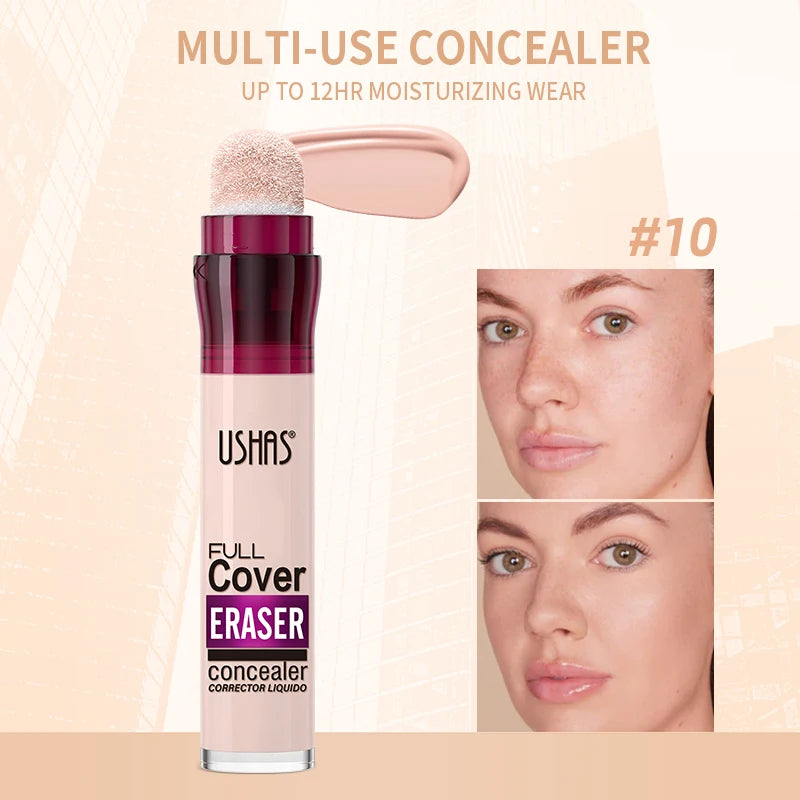 “Liquid concealer with sponge applicator, lightweight, moisturizing, multi-use, and long-lasting coverage.”