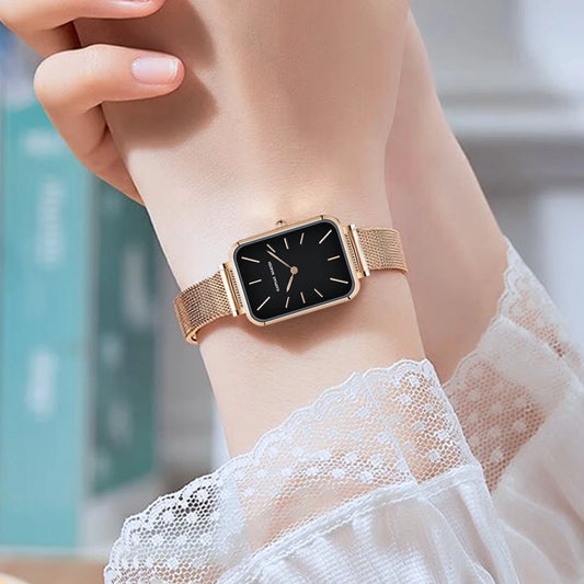 “Square Women’s Stainless Steel Mesh Strap Watch, Rose Gold, Japanese Movement, Fashion.”