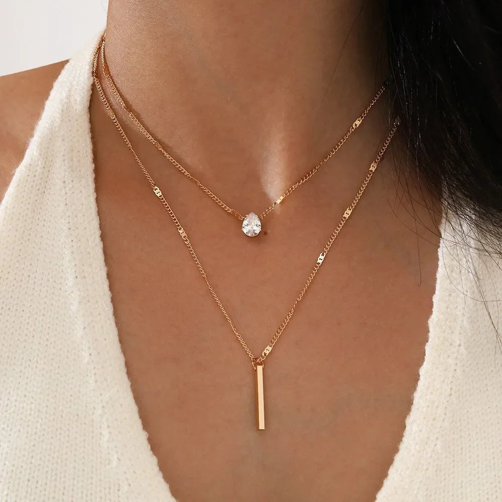 “Fashion Multi-Layer Necklace for Women - Crystal Water Drop Pendant, Gold/Silver Color Choker.”