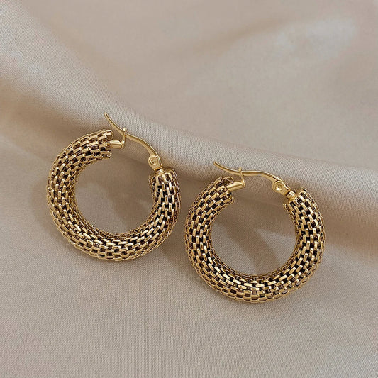 “Stainless steel gold geometric mesh hoop earrings, trendy stylish jewelry gift women.”